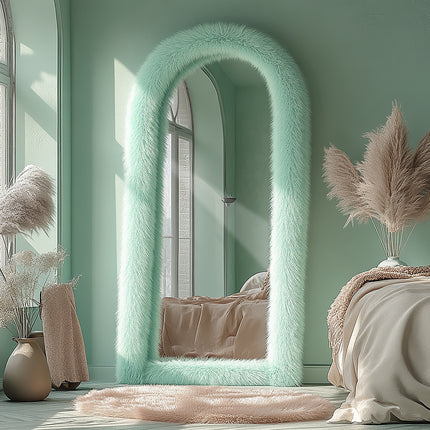 24" x 65" Arched Full-Length Mirror with Chic Blue Faux Fur Frame - Expansive Reflections, Glass Surface,