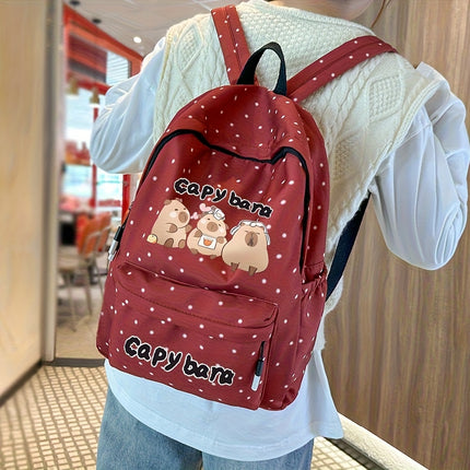 Girls' School Backpack with Capybara Design - Large Capacity Travel Bookbag, Adjustable Straps & Zipper