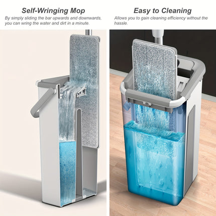 Mop And Bucket with Wringer Set, White Flat Squeeze Mop Bucket Set for Floor Cleaning, Wet Dry Mop for Wall Cleaner with Long Handle, Hardwood Floor Mop with 3 Microfiber Cloths