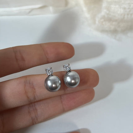 Copper Plating Single Zircon Pearl Silver Stud Earrings