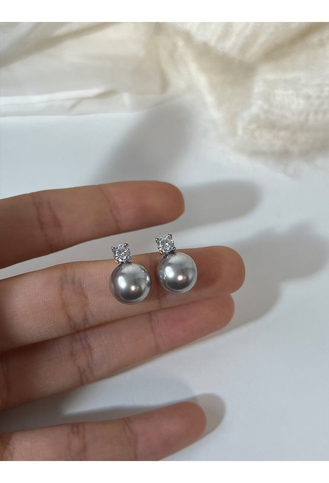 Copper Plating Single Zircon Pearl Silver Stud Earrings