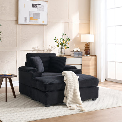 [VIDEO/New]Corduroy Upholstered Chaise Lounge Sofa with Handrail storage,Movable ottoman,Cupholders,Detachable Cushions Deep Seat for Living Room Office,5 colour,Wide stripe corduroy