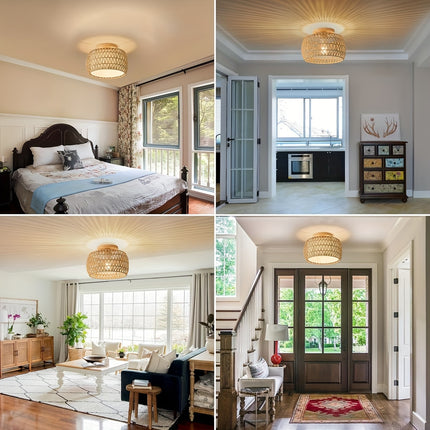 1pc Bohemian Rattan Semi-Flush Mount Ceiling Light Fixture For Farmhouse Decor