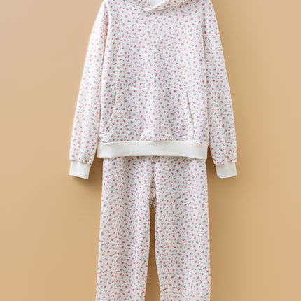 Pink Floral Print Kangaroo Pocket Hoodie Sheath Sweatpants Set