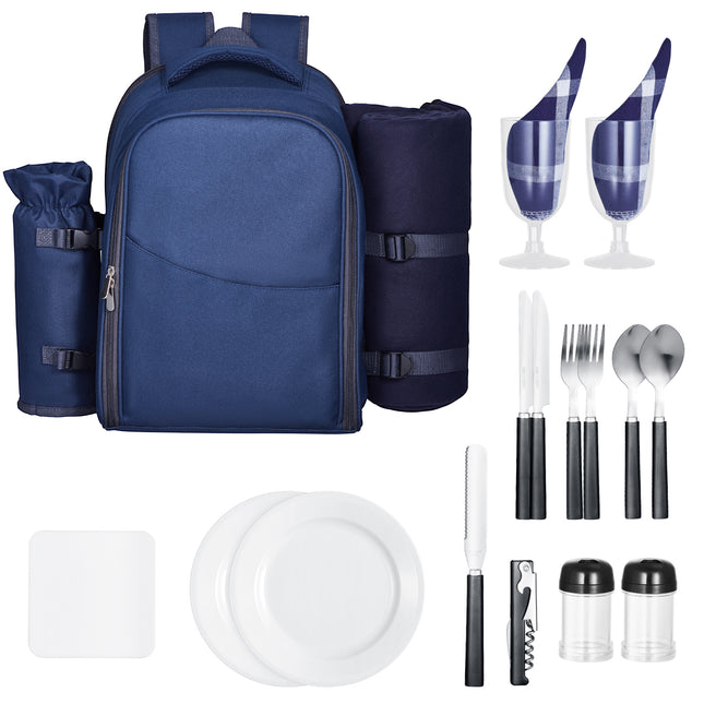 Beach Picnic Backpack Bag for 2 Person with Cooler Compartment Navy Blue