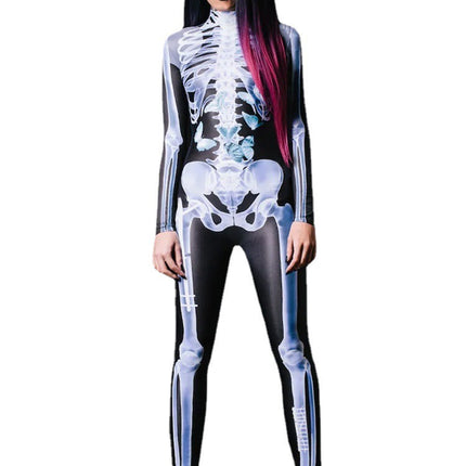 Halloween Long Sleeve Tights See-through Skeleton 3D Printed One-piece