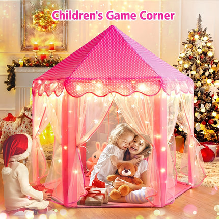 Kids Play Tent Castle, Pink & Blue, Polyester Canopy, Glass Fiber Frame, Dream Princess Room, Outdoor Game Tent, Roomy with Lights, for Children's Playhouse