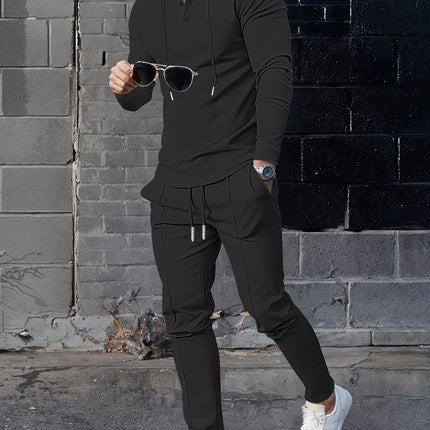 Men's Casual Sportswear Set - Hooded Long Sleeve Top & Joggers with Drawstring, Polyester Blend, Perfect for Spring/Fall Outdoor Activities