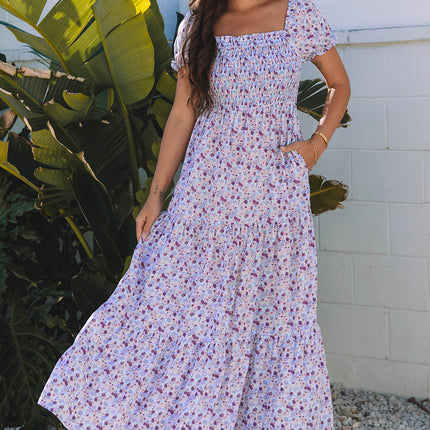 Purple Floral Short Bubble Sleeve Shirred High Waist Maxi Dress