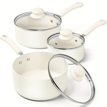 Pan Set With Lid, 1QT&2QT&3QT Granite Saucepans, Nonstick Saucepan Set, PFAS-FREE Pot Set