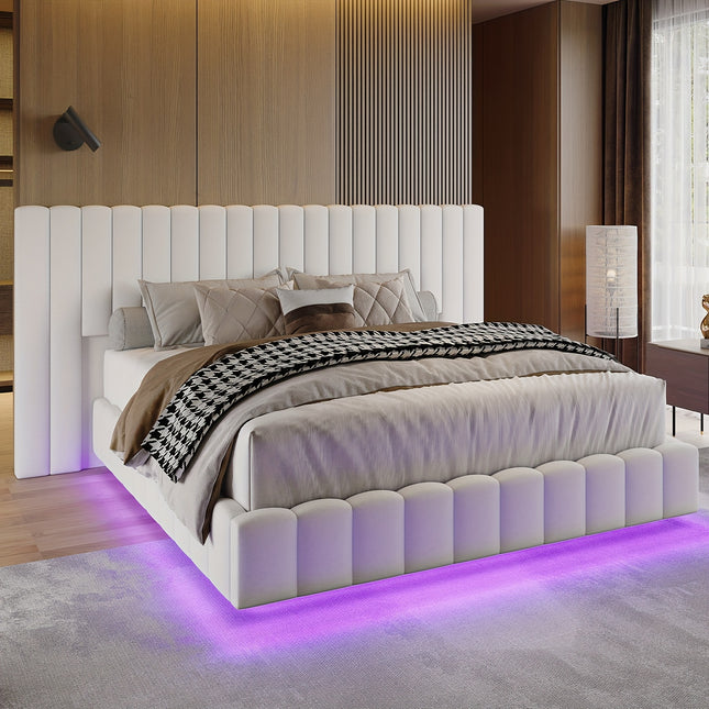 Bed Frame with Wide Headboard, Floating Platform, RGB LED Lights,
