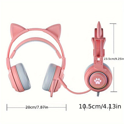 G25 Cute Cat Ear Gaming Headset Wired for Live Streaming, Over-Ear Gaming Headphones