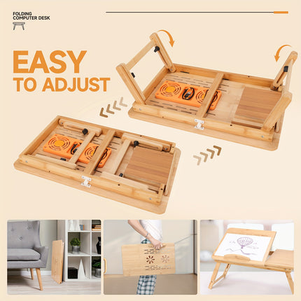 Bamboo Laptop Lap Desk with Adjustable Height & Angle, Tablet & Phone Holder