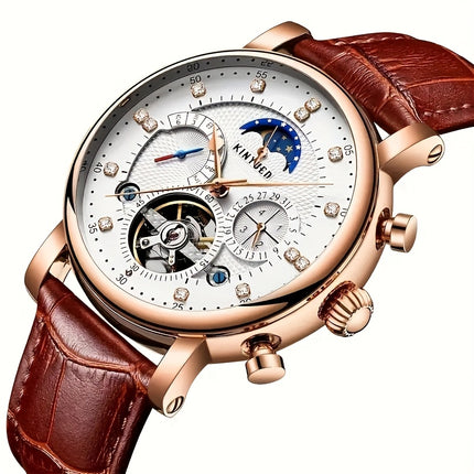 [KINYUED] Men'S Automatic Winding Mechanical Watch with Moon And Stars Multi-Function Wristwatch,