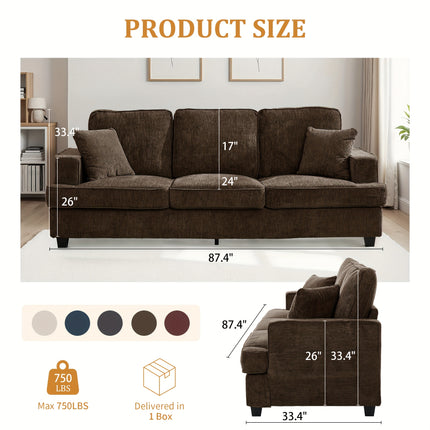 Modern & Mid-Century Chenille Sofa with Deep Seat, Foam-Padded Armrests & Side Pockets