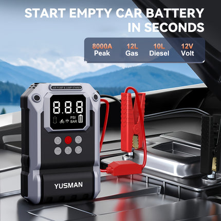 8000A Portable Car Jump Starter with Air Compressor & Power Bank - Cordless Battery