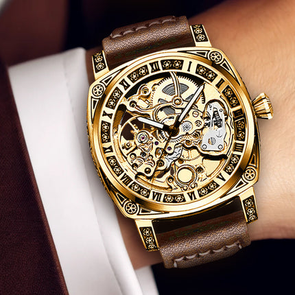 1pc Men'S Yellow Brown PU Belt Street Rascal Handsome Carved Tourbillon Fully Automatic
