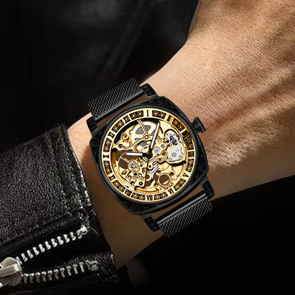 1pc Men's yellow black mesh belt college style niche fully automatic hollow tourbillon