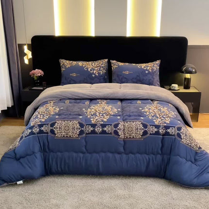 1pc Luxury Fleece Bedspread - Deep Navy Blue & Golden Floral Print, All-Season Soft Warmth