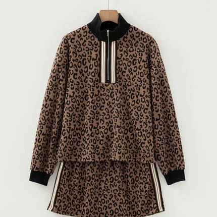 Khaki Leopard Print Quarter Zip Long Sleeve Top Mini Skirt Set