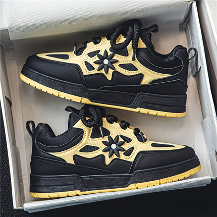 Men's Trendy Flower Pattern Lace Up Skateboard Shoes, Non Slip Comfy Platform Shoes, All Seasons