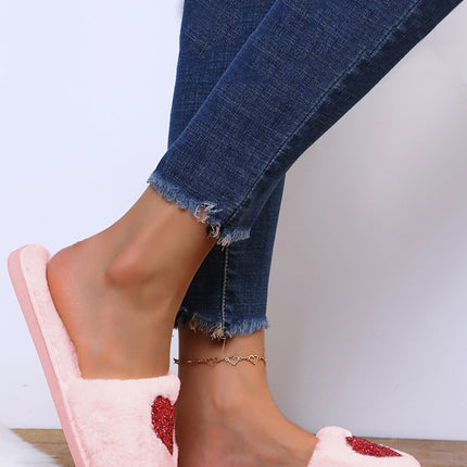 Pink Sequin Heart Shaped Slip On Plush Slippers