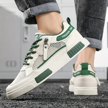 Men'S Breathable Mesh Casual Sports Shoes- White and Green Low-top Lace-up Shoes with EVA Cushioning
