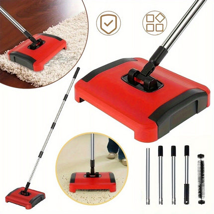 Manual Carpet Cleaner Brush, 3 Rolling Brushes Floor Sweeper Carpet Brush with Wheels
