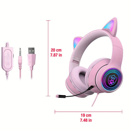 AUX 3.5Mm Cat Ear Gaming Headphones with LED Light, Noise-Cancelling Stereo On-Ear Headphones,