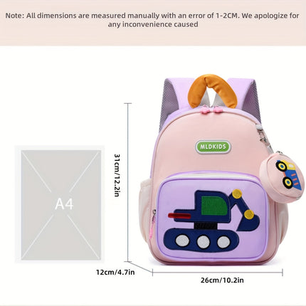 Kids' Cartoon Construction Vehicle Backpack Adjustable Straps, Lightweight,
