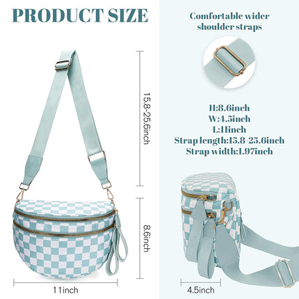 Blackish Green Checkered Print Wide Strap Large Crossbody Bag