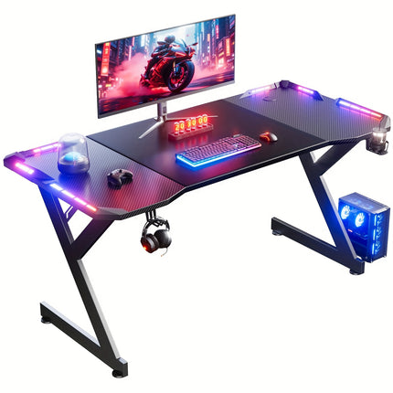 Sturdy Y-Shaped Gaming Desk with Dual RGB LED Lights, Computer Table