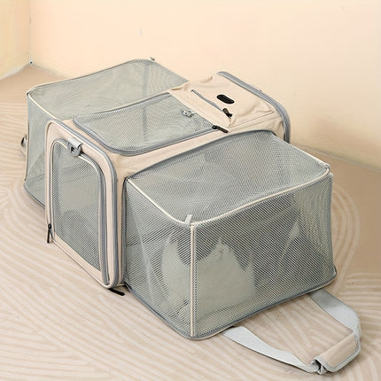 Expandable Large-Capacity Cat Carrier - Portable Linen Pet Travel Bag with Zipper Closure for Two Cats, Ideal for Outdoor Use