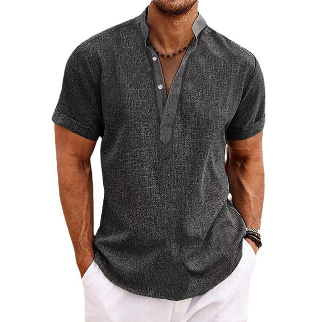 Stand Collar Men's Half Cardigan Cotton And Linen Short Sleeve Shirt