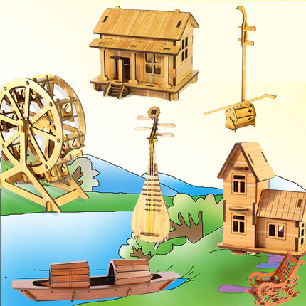 Wooden 3D Stereo Puzzle Small House Building Assembly Model DIY Ornaments