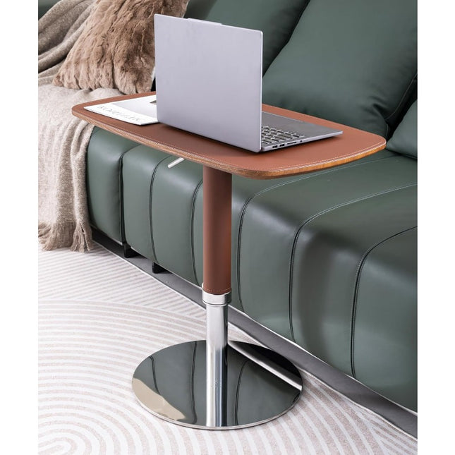 Adjustable Swivel Table with Saddle Leather Cover & Sturdy Metal Legs - Retro Bedside Laptop Desk,