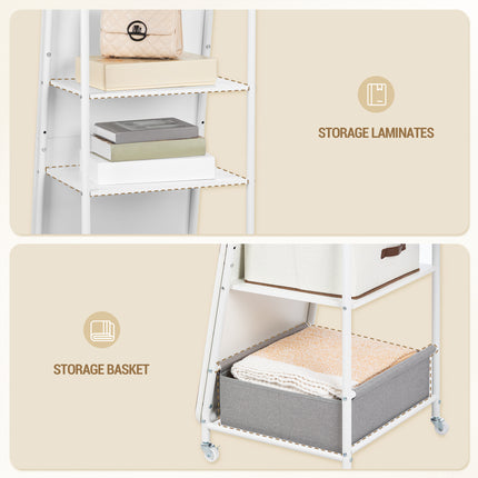 Freestanding Mirror Coat Rack, 50 x 165.8 cm, 360° Swivel Wheels, Storage Box & Hooks for Bedroom,