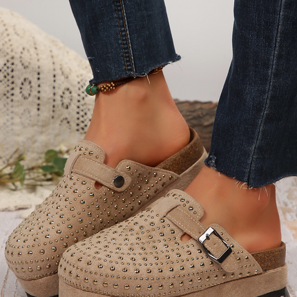 Parchment Rivet Buckle Closed Toe Platform Slippers