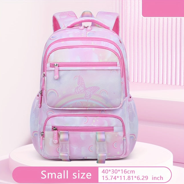 Lightweight Backpack for Girls - Colorful Rainbow & Butterfly Design, Adjustable Strap, Ideal for Elementary