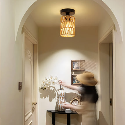 1pc Rattan Ceiling Light Fixture, Bohemian Style Flush Mount Ceiling Lamp, Handwoven Wicker Chandelier,