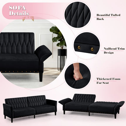 Sofa Bed with Adjustable Back And Armrests, Tufted Sleeper Sofa with Naihead Trim