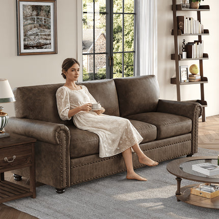 Leather Sofa  Nailhead Trim Deep Seat Rolled Arms 3 Seater, Brown, ONBRILL, Pre-assembled for Various Room Types