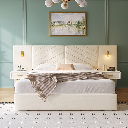 Luxury King/Queen Bed Frame With Built-in Gold LED Lights And Nightstands,