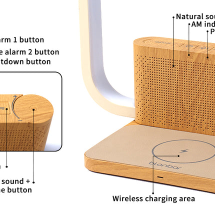 Bedside Lamp Double Alarm Clock 10W Wireless Charging Natural Sound Wake-up Light