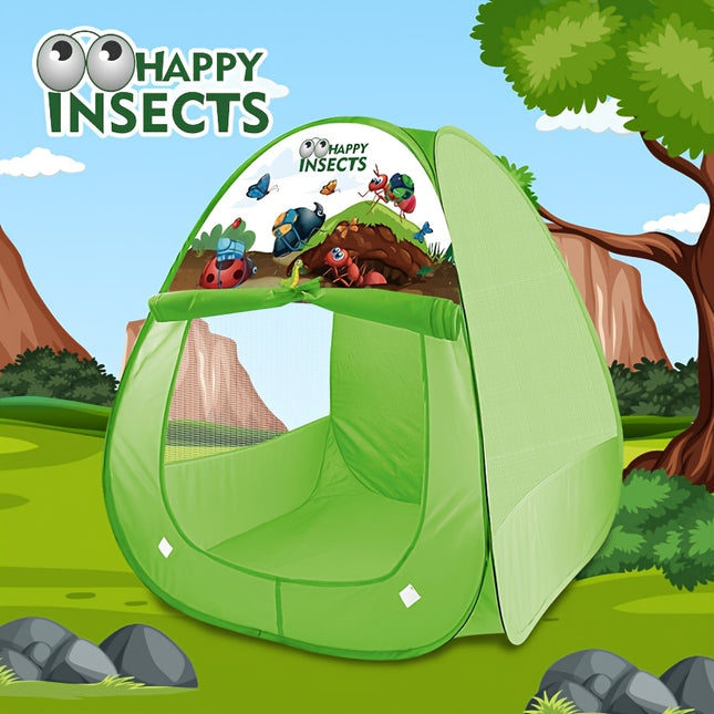 A Geometric Puzzle Tent Shaped Like a Triangle, Featuring a Design with Green Grass And Insects. It Is Washable, Foldable, And Made with a Steel Frame And Polyester Fabric, Suitable for Both Boys And Girls.