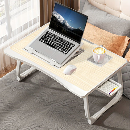 Adjustable Height Foldable Laptop Bed Desk with Wooden Surface, Storage Slots & Drawers