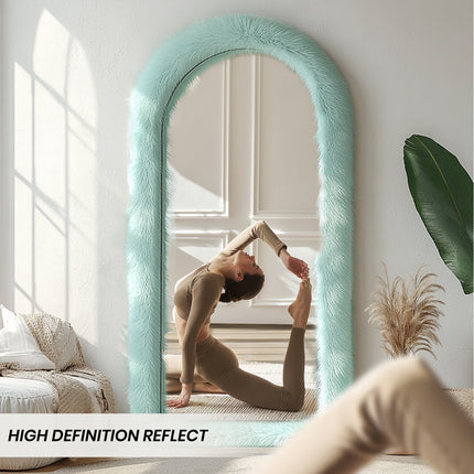 24" x 65" Arched Full-Length Mirror with Chic Blue Faux Fur Frame - Expansive Reflections, Glass Surface,