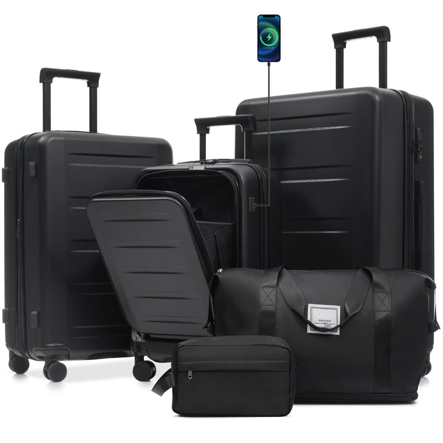 Luggage Sets 5 Piece with Front Opening, Hardside Expandable Carry On Suitcase Set with Double Spinner Wheel, Lightweight Travel Luggage with USB Port,TSA Locks(20'24'28')