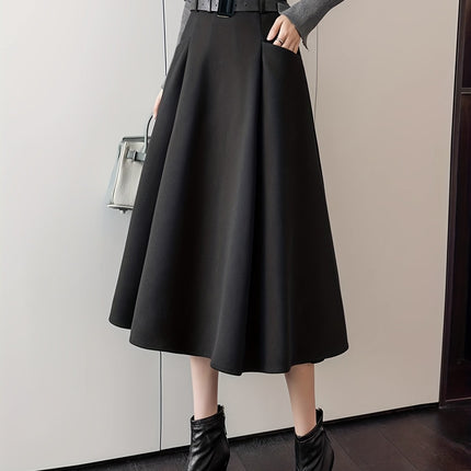 Elegant Flared Skirt with Belt | Women'S Fall/Winter Design, Back Zipper, Pockets, Solid Color