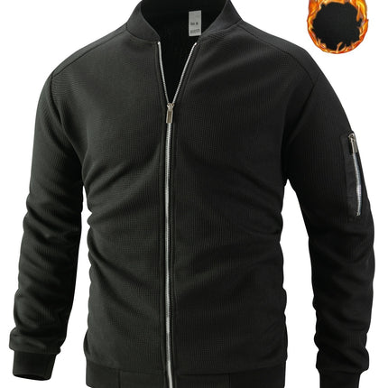 Men's Waffle Solid Color Cardigan Pocket Zipper Thickening Stand Collar Coat